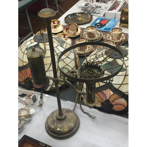 154 - A PAIR OF VINTAGE BRASS OIL LAMPS WITH AMBER GLASS SHADES CONVERTED TO ELECTRICITY - WILL NEED REWIR... 