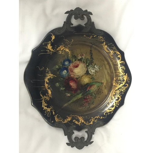 161 - A VICTORIAN HAND PAINTED PAPIER MACHE PLATE WITH METAL HANDLES DIAMETER 26CM