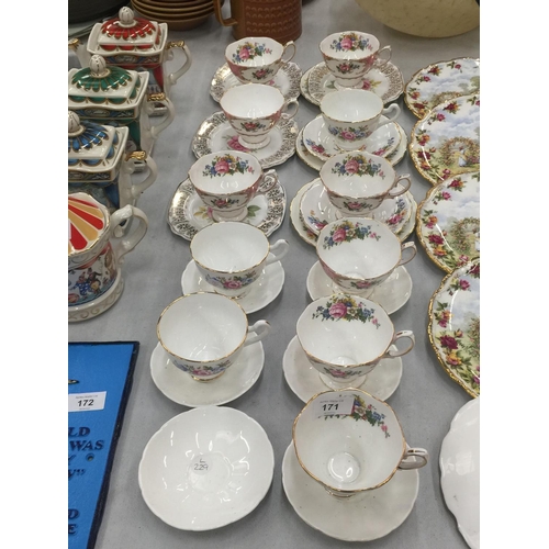 171 - A QUANTITY OF CHINA CUPS, SAUCERS AND PLATES TO INCLUDE ROYAL ALBERT 'LADY CARLYLE', ETC