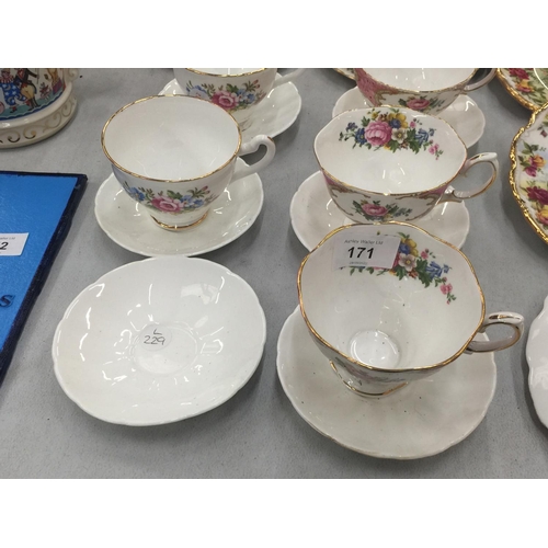 171 - A QUANTITY OF CHINA CUPS, SAUCERS AND PLATES TO INCLUDE ROYAL ALBERT 'LADY CARLYLE', ETC