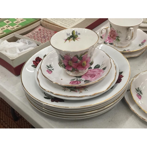 175 - A QUANTITY OF CHINA CUPS, PLATES AND SAUCERS TO INCLUDE ROYAL ALBERT 'PRARIE ROSE', SHERIDAN, ETC