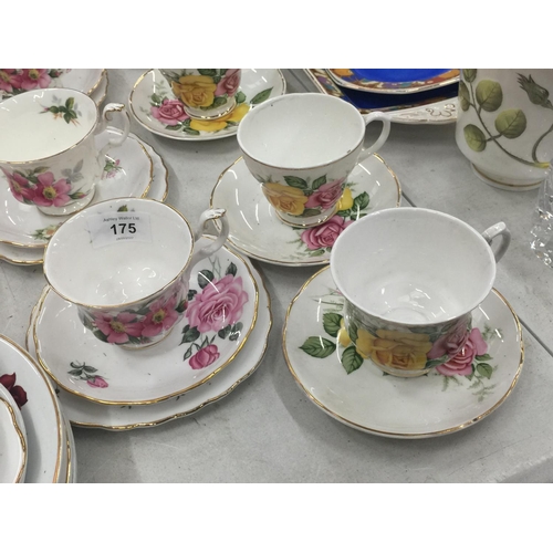 175 - A QUANTITY OF CHINA CUPS, PLATES AND SAUCERS TO INCLUDE ROYAL ALBERT 'PRARIE ROSE', SHERIDAN, ETC