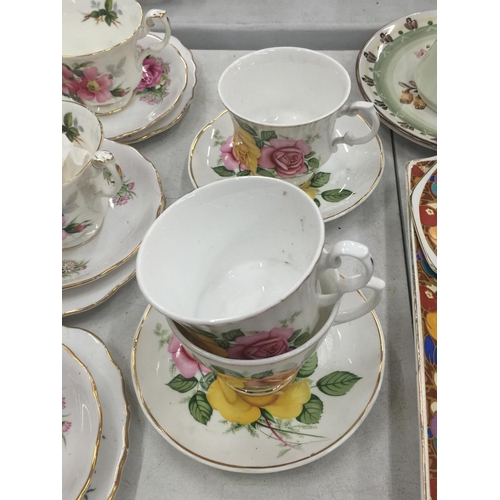 175 - A QUANTITY OF CHINA CUPS, PLATES AND SAUCERS TO INCLUDE ROYAL ALBERT 'PRARIE ROSE', SHERIDAN, ETC