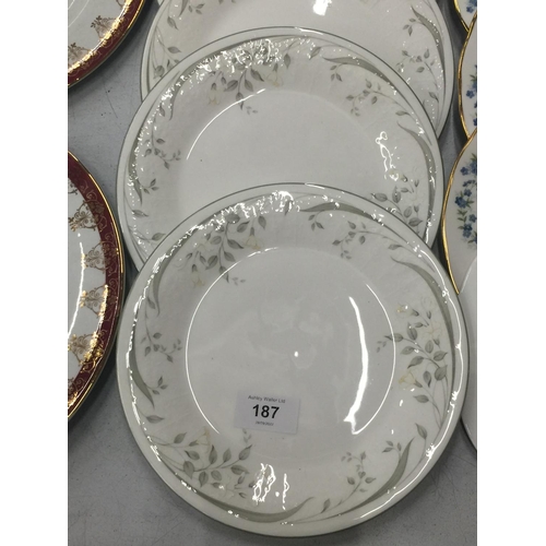 187 - A MIXED LOT OF CHINA PLATES TO INCLUDE QUEEN ANNE 'SONATA', ROYAL ALBERT FOR ALL SEASONS 'HAZY DAWN'... 