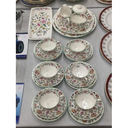 188 - A QUANTITY OF MINTON 'HADDON HALL' TEAWARE TO INCLUDE CAKE PLATES, CUPS, SAUCERS, SIDE PLATES, SUGAR... 