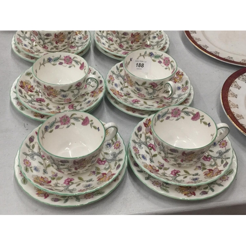 188 - A QUANTITY OF MINTON 'HADDON HALL' TEAWARE TO INCLUDE CAKE PLATES, CUPS, SAUCERS, SIDE PLATES, SUGAR... 