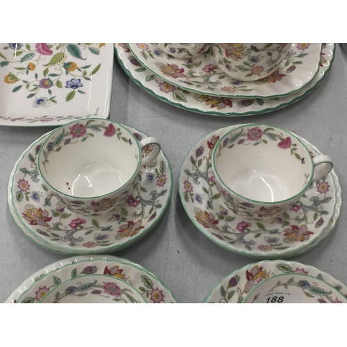 188 - A QUANTITY OF MINTON 'HADDON HALL' TEAWARE TO INCLUDE CAKE PLATES, CUPS, SAUCERS, SIDE PLATES, SUGAR... 