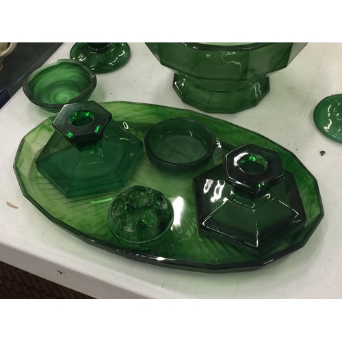 198 - A COLLECTION OF EMERALD GREEN CLOUD GLASS TO INCLUDE A FOOTED BOWL, DRESSING TABLE SET, VASES, ETC