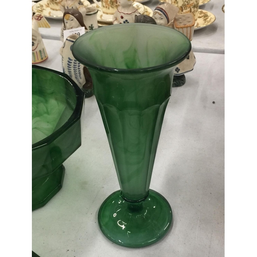 198 - A COLLECTION OF EMERALD GREEN CLOUD GLASS TO INCLUDE A FOOTED BOWL, DRESSING TABLE SET, VASES, ETC