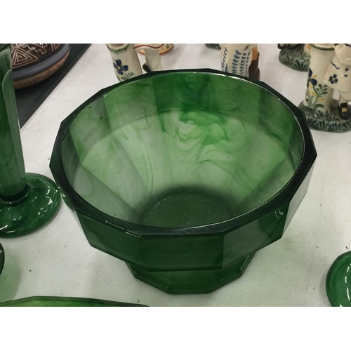 198 - A COLLECTION OF EMERALD GREEN CLOUD GLASS TO INCLUDE A FOOTED BOWL, DRESSING TABLE SET, VASES, ETC