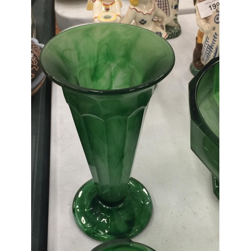 198 - A COLLECTION OF EMERALD GREEN CLOUD GLASS TO INCLUDE A FOOTED BOWL, DRESSING TABLE SET, VASES, ETC