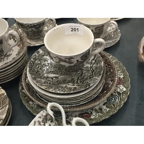 201 - A QUANTITY OF CERAMIC CUPS, SAUCERS, SIDE PLATES, ETC TO INCLUDE MYOTT 'ROYAL MAIL'