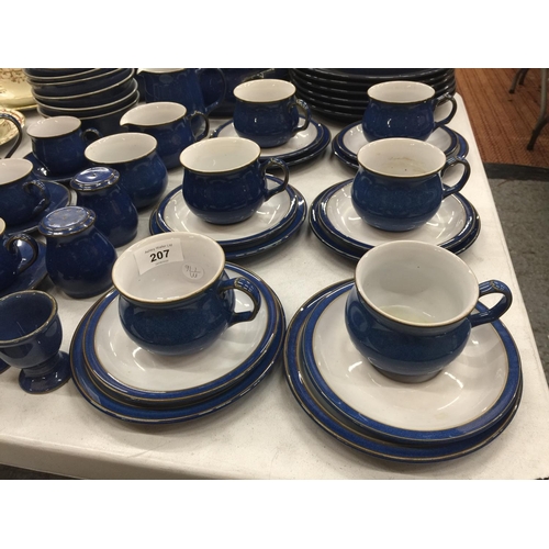 207 - A DENBY DINNER SERVICE IN BLUE TO INCLUDE PLATES, BOWLS, TEAPOTS, SERVING TUREEN, MILK JUGS, SUGAR B... 