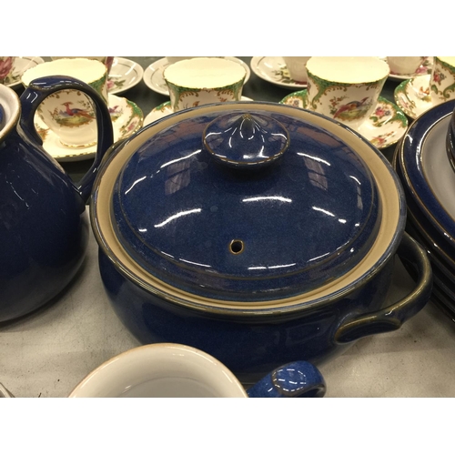 207 - A DENBY DINNER SERVICE IN BLUE TO INCLUDE PLATES, BOWLS, TEAPOTS, SERVING TUREEN, MILK JUGS, SUGAR B... 