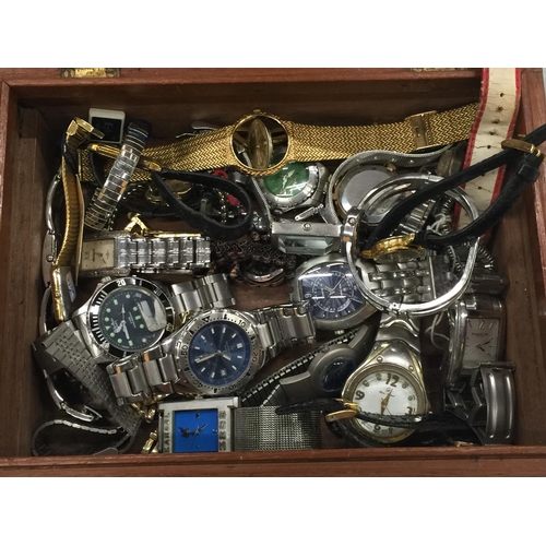 210 - A MAHOGANY BOX CONTAININGA QUANTITY OF WRISTWATCHES TO INCLUDE SEKONDA, ACCURIST, POCKET WATCH, ETC