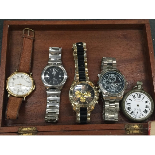 210 - A MAHOGANY BOX CONTAININGA QUANTITY OF WRISTWATCHES TO INCLUDE SEKONDA, ACCURIST, POCKET WATCH, ETC