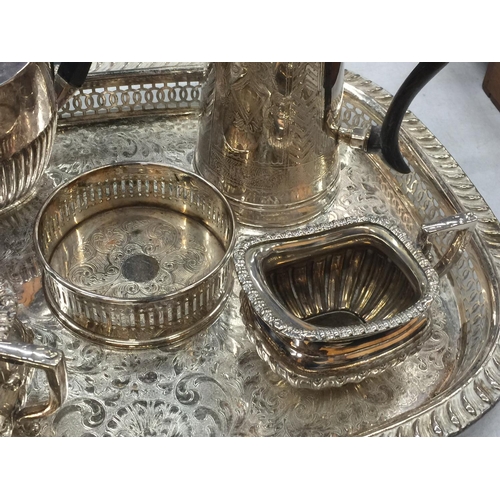 211 - A QUANTITY OF SILVER PLATED ITEMS TO INCLUDE A GALLERIED TRAY, FOOTED TRAY, A COFFEE POT, TEAPOT, SU... 