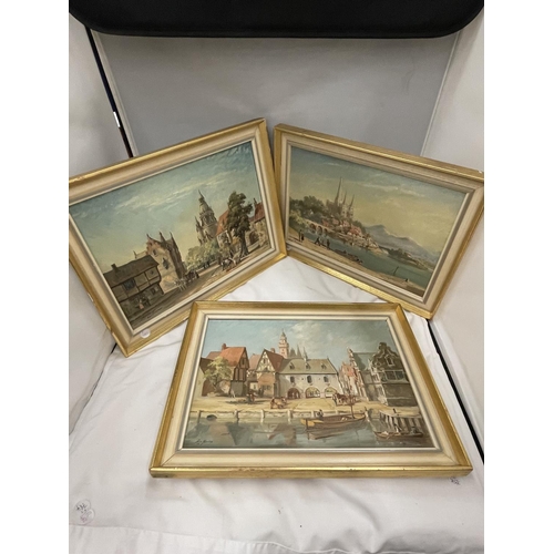 15 - THREE FRAMED OIL ON CANVAS BY LOUIS JENNINGS, SHEFFIELD (BORN 1919) OF TOWN AND RIVER SCENES TO INCL... 