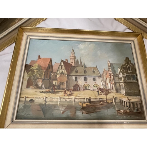 15 - THREE FRAMED OIL ON CANVAS BY LOUIS JENNINGS, SHEFFIELD (BORN 1919) OF TOWN AND RIVER SCENES TO INCL... 