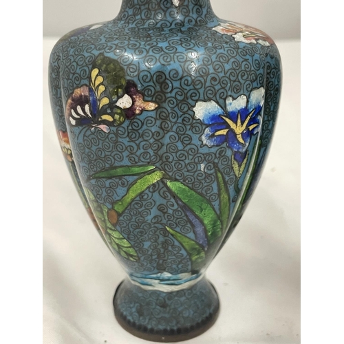 17 - A PAIR OF CLOISONNE VASES WITH FLOWER AND BUTTERFLY DECORATION MARKED A/C 75 HEIGHT 15.5CM