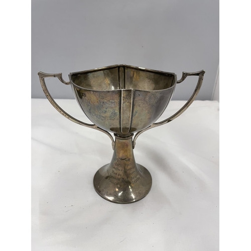 20 - A HALLMARKED LONDON SILVER TWIN HANDLED CUP GROSS WEIGHT 227 GRAMS ENGRAVED S V L H CAMP 1913 SECTIO... 