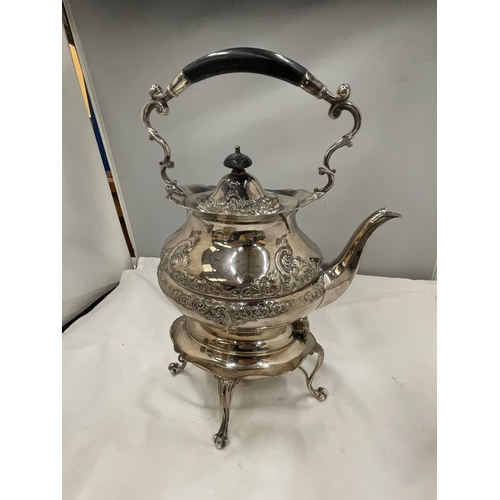 21 - THREE SILVER PLATED ITEMS TO INCLUDE A SPIRIT KETTLE, COFFEE POT AND A SUGAR SIFTER