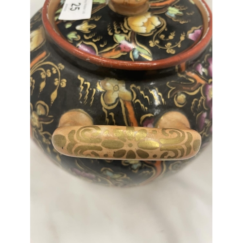 25 - A VINTAGE LARGE TWIN HANDLED LIDDED POT WITH FLORAL DESIGN HEIGHT 22CM