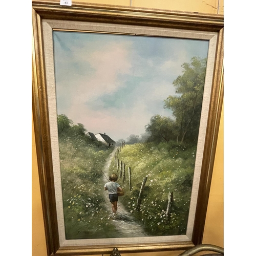 43 - A LARGE FRAMED OIL ON CANVASS OF A BOY GOING FISHING SIGNED P CITRIN 80CM X 110CM