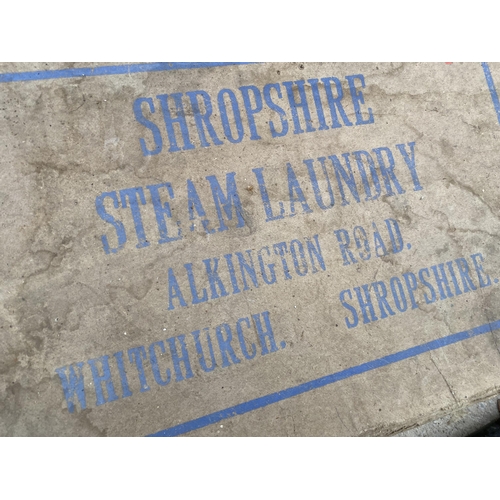 1278 - A VINTAGE PUMP AND A MONOGRAMED 'SHROPSHIRE STEAM LAUNDRY' BOX