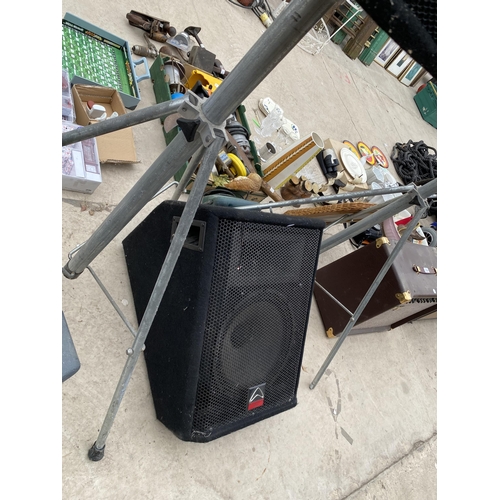 1335 - TWO SOUND LAB SPEAKERS ON TRIPOD BASE AND A WHARFEDALE FLOOR AMPLIFIER