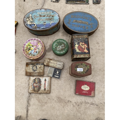 1348 - AN ASSORTMENT OF VARIOUS VINTAGE ADVERTISING TINS