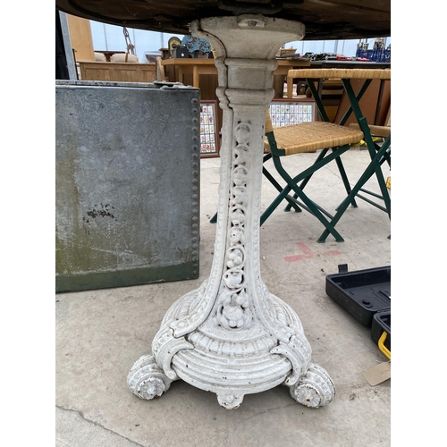 1363 - A 19TH CENTUARY COALBROOKDALE CAST IRON TABLE BASE WITH WOODEN TOP ON SCROLL FEET AND THE COLUMN DEC... 