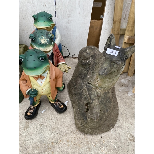 1379 - A RECONSTITTUED STONE DOG GARDEN FIGURE AND THREE RESIN TOADS