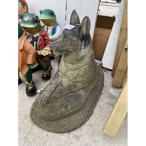 1379 - A RECONSTITTUED STONE DOG GARDEN FIGURE AND THREE RESIN TOADS