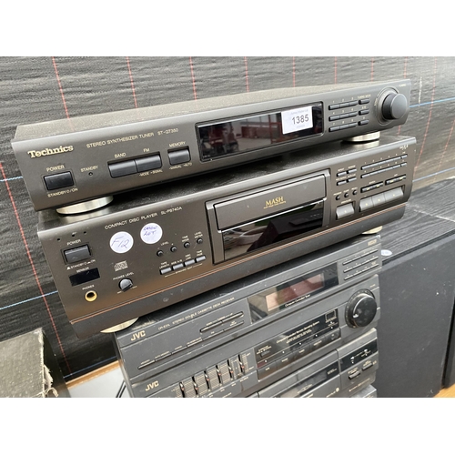 1385 - A LARGE QUANTITY OF STEREO ITEMS TO INCLUDE A TECHNICS AMPLIFIER, TUNER AND CD PLAYER, A JVC CD PLAY... 