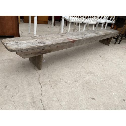 2456 - A LONG PINE BENCH WITH CANTED CORNERS, 99.5X10.5