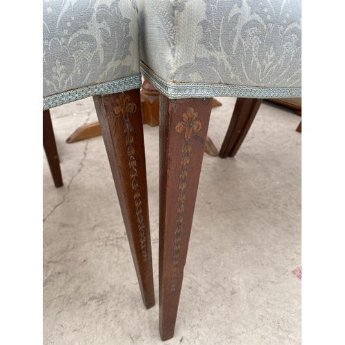 2458 - A SET FOUR EDWARDIAN MAHOGANY AND INLAID SHERATON REVIVAL DINING CHAIRS ON TAPERING LEGS