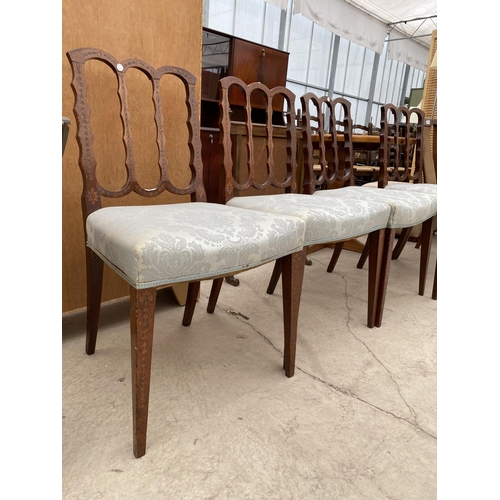 2458 - A SET FOUR EDWARDIAN MAHOGANY AND INLAID SHERATON REVIVAL DINING CHAIRS ON TAPERING LEGS