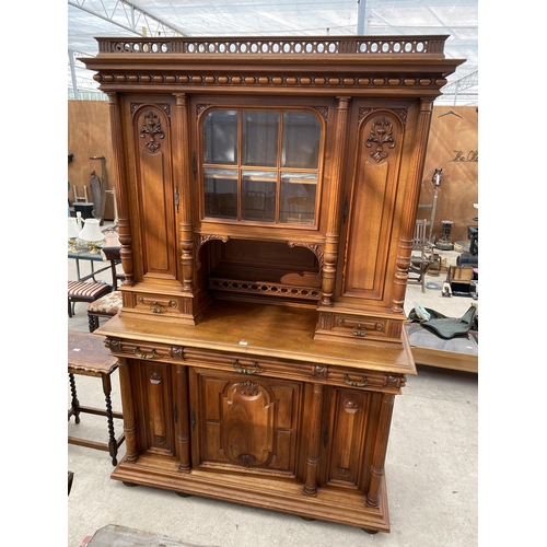 2487 - A VICTORIAN WALNUT DRESSER, THE UPPER PORTION WITH SIDE CUPBOARD, CENTRAL DOOR WITH BEVEL GLASS WITH... 