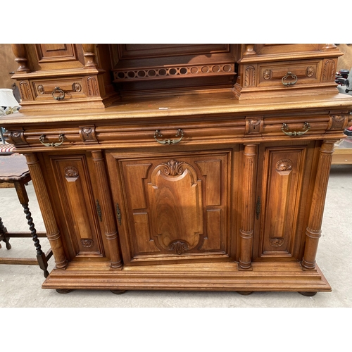 2487 - A VICTORIAN WALNUT DRESSER, THE UPPER PORTION WITH SIDE CUPBOARD, CENTRAL DOOR WITH BEVEL GLASS WITH... 