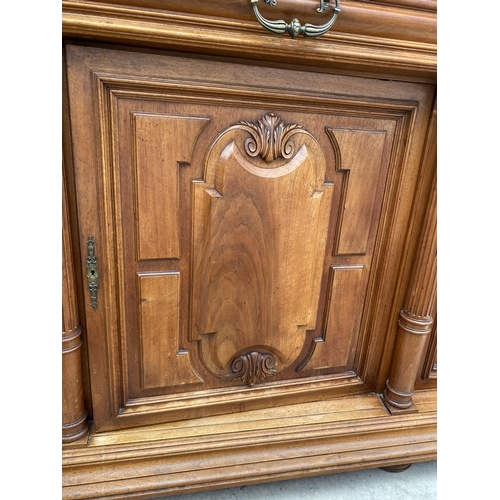 2487 - A VICTORIAN WALNUT DRESSER, THE UPPER PORTION WITH SIDE CUPBOARD, CENTRAL DOOR WITH BEVEL GLASS WITH... 