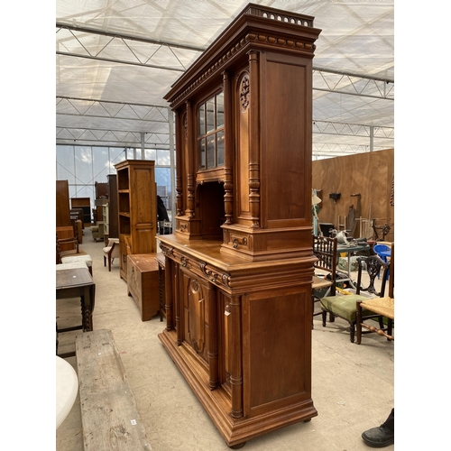 2487 - A VICTORIAN WALNUT DRESSER, THE UPPER PORTION WITH SIDE CUPBOARD, CENTRAL DOOR WITH BEVEL GLASS WITH... 