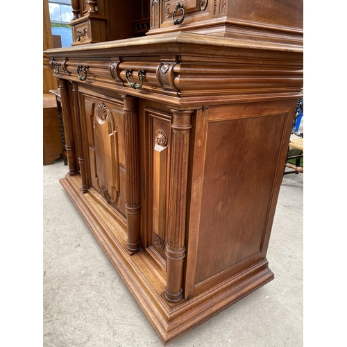 2487 - A VICTORIAN WALNUT DRESSER, THE UPPER PORTION WITH SIDE CUPBOARD, CENTRAL DOOR WITH BEVEL GLASS WITH... 