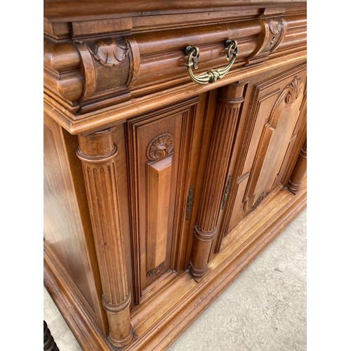 2487 - A VICTORIAN WALNUT DRESSER, THE UPPER PORTION WITH SIDE CUPBOARD, CENTRAL DOOR WITH BEVEL GLASS WITH... 