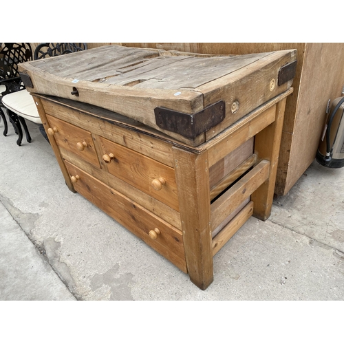 1201 - A VINTAGE WOODEN BUTCHERS BLOCK WITH LATER THREE DRAWER BASE (L:122CM W:60CM)