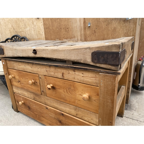 1201 - A VINTAGE WOODEN BUTCHERS BLOCK WITH LATER THREE DRAWER BASE (L:122CM W:60CM)