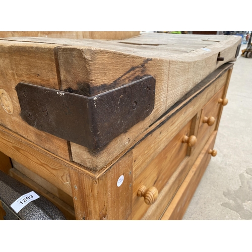 1201 - A VINTAGE WOODEN BUTCHERS BLOCK WITH LATER THREE DRAWER BASE (L:122CM W:60CM)