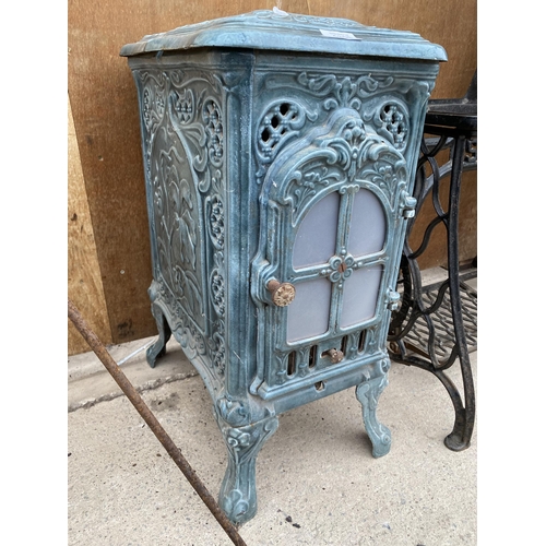 1208 - A VINTAGE DEVILLE AND CO ENAMELED CAST IRON LOG BURNING STOVE (FRONT PLATE REQUIRES ATTENTION - SEE ... 