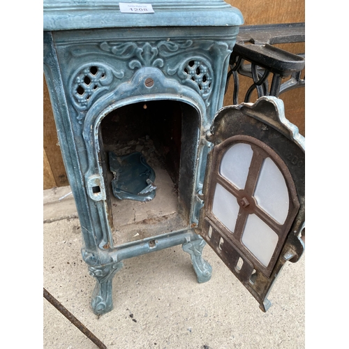 1208 - A VINTAGE DEVILLE AND CO ENAMELED CAST IRON LOG BURNING STOVE (FRONT PLATE REQUIRES ATTENTION - SEE ... 