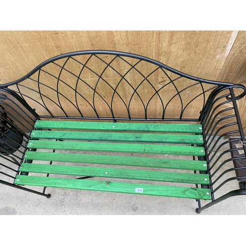 1215 - A WROUGHT IRON TWO SEATER GARDEN BENCH WITH WOODEN SLATTED SEAT (L:134CM)